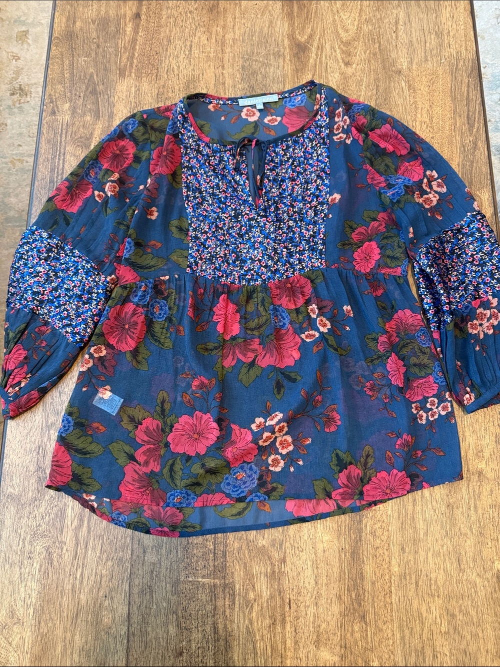 Daniel Rainn Navy Floral Smocked Peasant Blouse